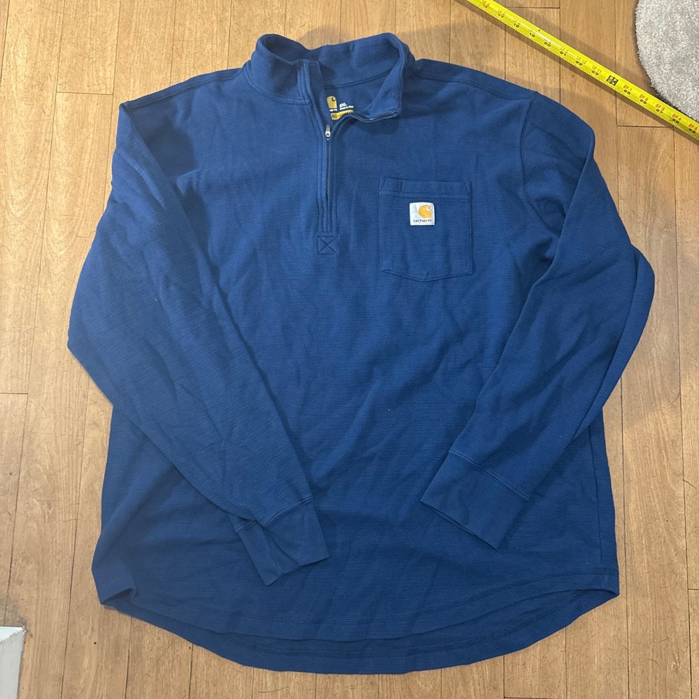 Carhartt Mens 2XL Relaxed Fit Waffle Knit Quarter Zip Pullover Blue Pocket Shirt